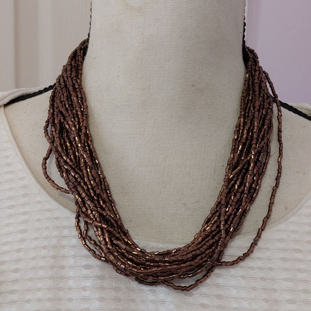 Vintage Metallic Golden Brown Tube Beads Multistrand Necklace